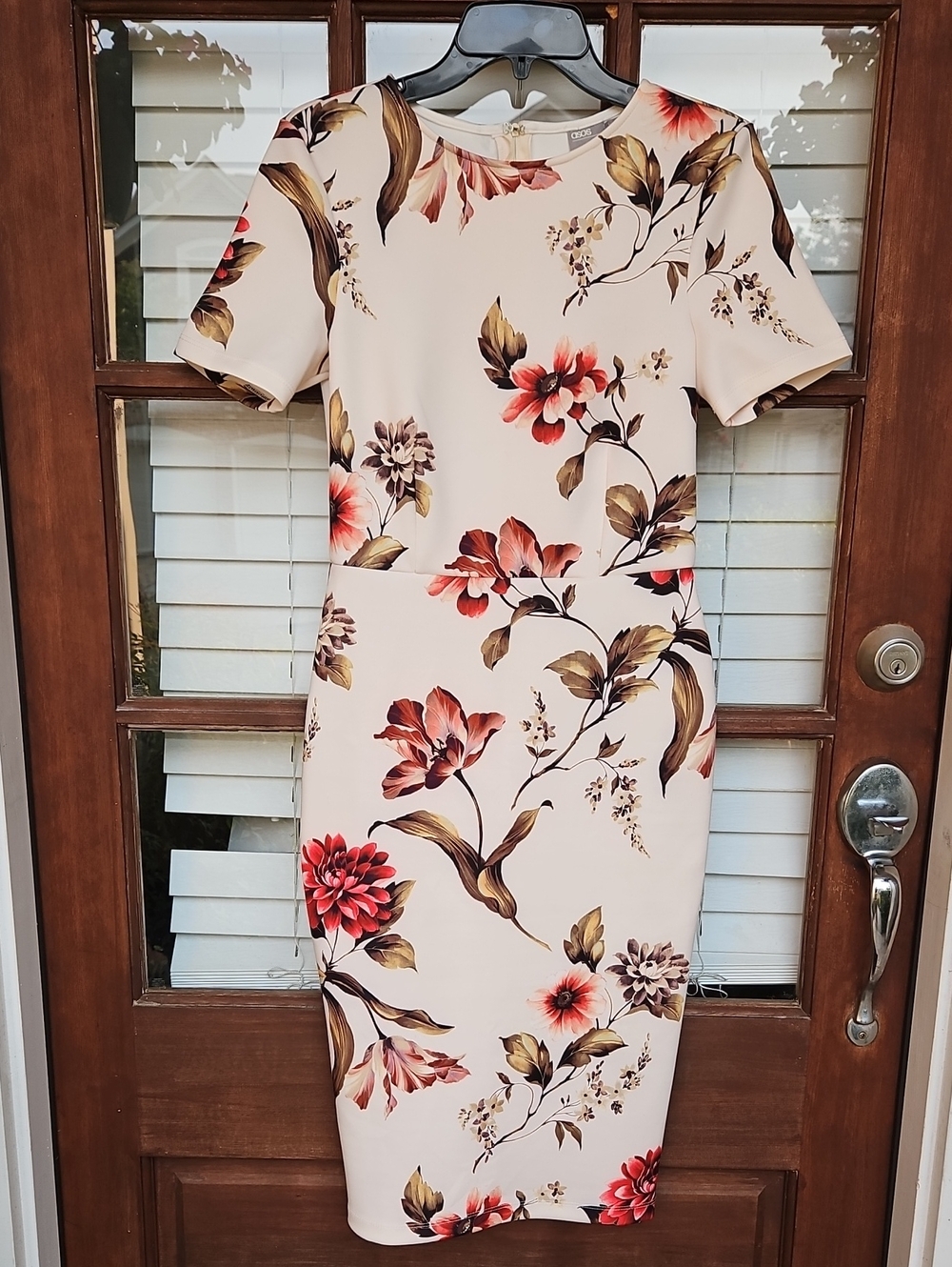 Asos Floral Fall Print Scuba Sheath Dress with Short Sleeves - Blush/Pink